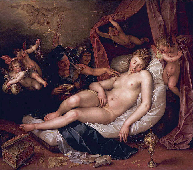 Danae receiving Jupiter as a shower of gold.